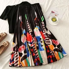 Европейский стиль, женские миди юбки с принтом, Модные женские повседневные плиссированные юбки, летние юбки для женщин