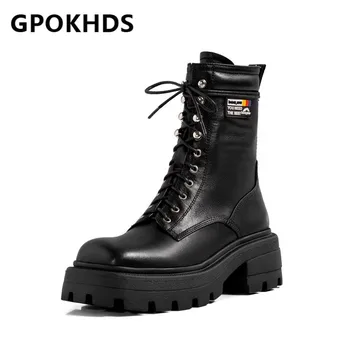 

GPOKHDS 2021 women Ankle boots Cow leather Winter short plush Square Toe Lace-Up Platform High heels female Riding boots size 39
