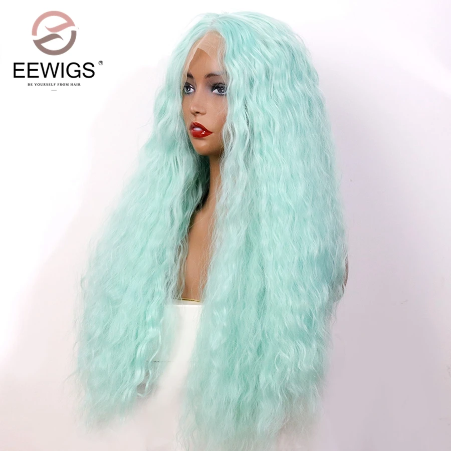 EEWIGS кудрявые синтетические кружевные передние парики высокотемпературный мятно