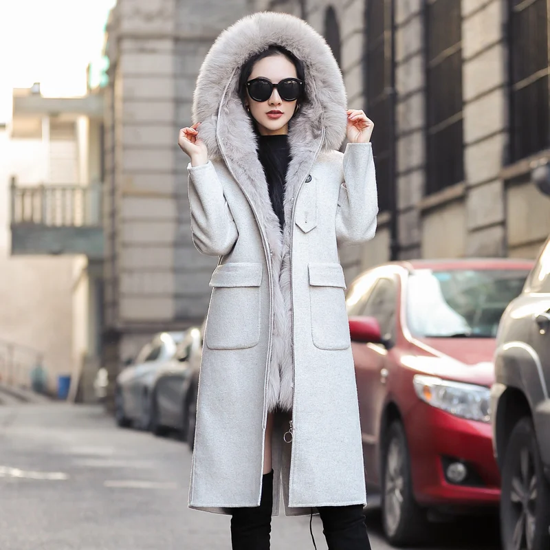 creamy gray AYUNSUE пальто из натурального меха Женский натуральный пуховик с мехом лисы зимняя куртка женские шерстяные пальто и куртки Женская Корейская длинная куртка MY4114 - Цвет: creamy gray