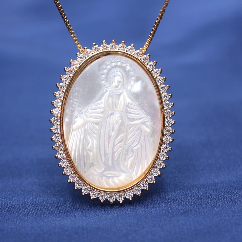 

Gold color Virgin Mary Pendant Necklace around white Zirconias Natural Freshwater Mother Of Pearl Necklace for Women Jewelry2019
