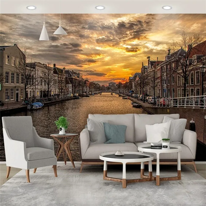 European Town Water City Orange Fire Cloud Sunset Background 3D Photo Wallpapers Restaurant Cafe Industrial Decor Wall Paper |