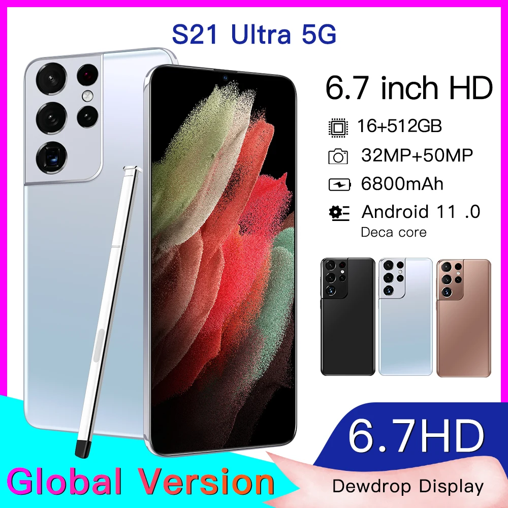 Smartphones S21Ultra 5G 6.7Inch Andriod11 16GB RAM 512GB ROM  MTK6889 Dual SIM 4G LTE 5G 6800mAh Mobile Cell Phones
