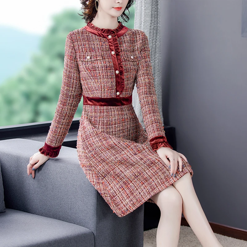 Abito da donna Vintage in Tweed diamanti invernali vino con volant abiti  eleganti abito da fenicottero di lana con perline scozzesi 2021|Dresses| -  AliExpress