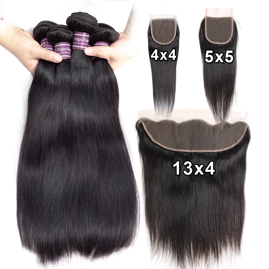 Human Hair Straight 3 4 Bundles With Lace Closure Frontal 4x4 5x5 Human Hair Extensions