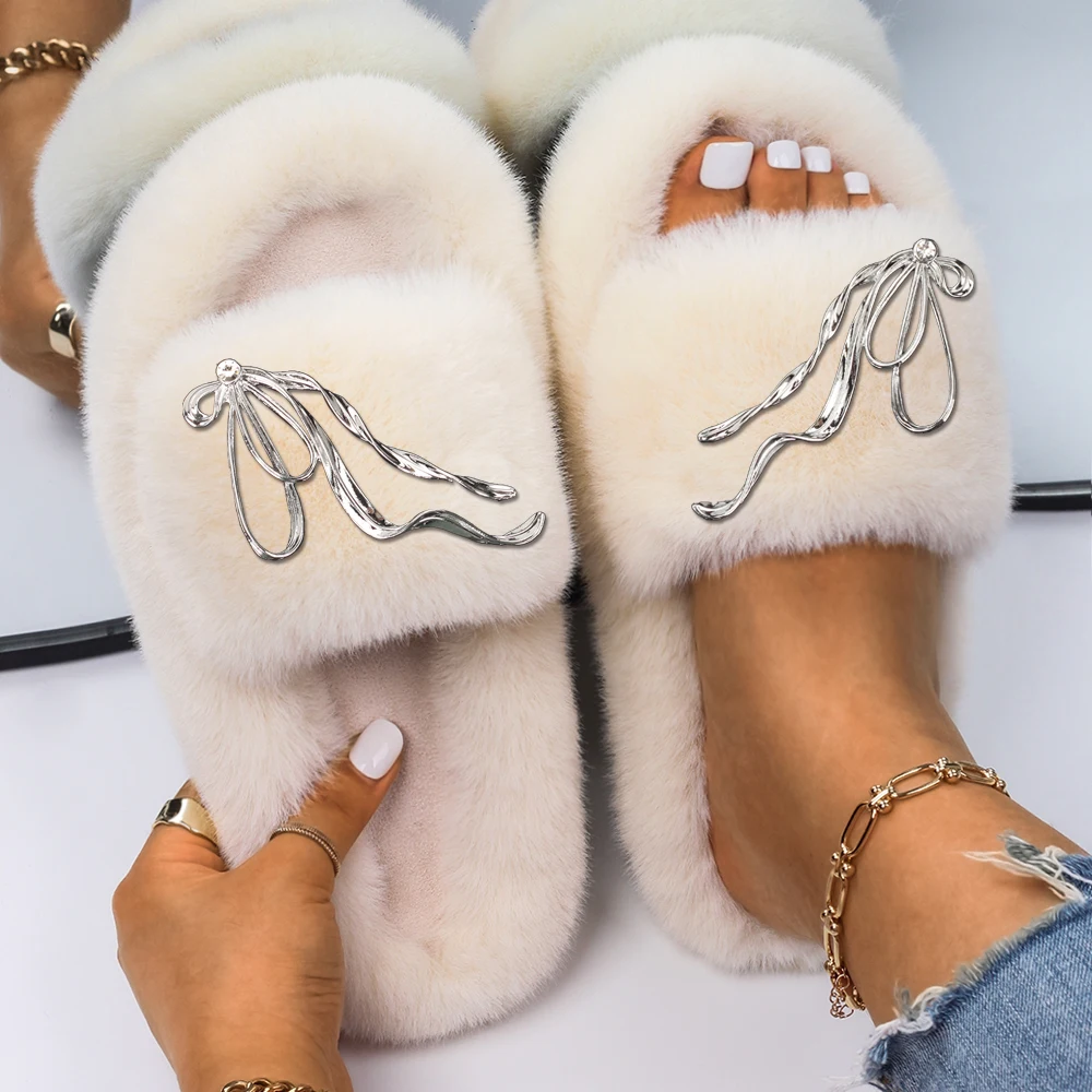 Flip Flop Slippers Bowknot Faux Fur Fuzzy Slides Plush Outdoor Sandals Fluffy Slippers High Quality Designer Shoes Free Shipping