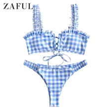 ZAFUL Plaid V Wired Ruffle Bikini Set For Women Wire Free Straps Swimsuits Low Waisted Padded Summer Two Pieces Bathing Suits ZAFUL Plaid V Wired Ruffle Bikini Set For Women Wire Free Straps Swimsuits Low Waisted Padded Summer Two Pieces Bathing Suits