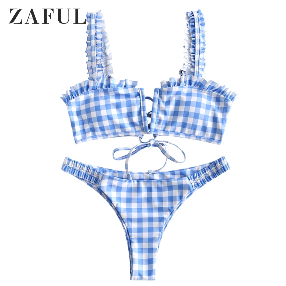  ZAFUL Plaid V Wired Ruffle Bikini Set For Women Wire Free Straps Swimsuits Low Waisted Padded Summe