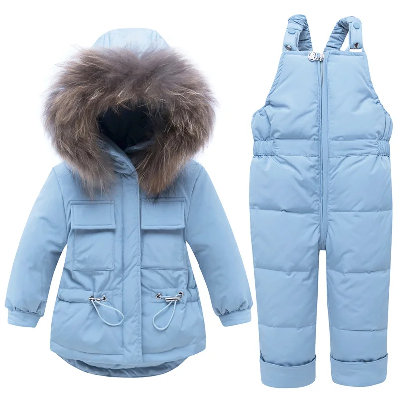 Детская одежда на пуху теплая куртка пальто с меховым воротником и комбинезон зимняя одежда для мальчиков и девочек от 1 до 4 лет, комплект зимней одежды для малышей - Цвет: Небесно-голубой