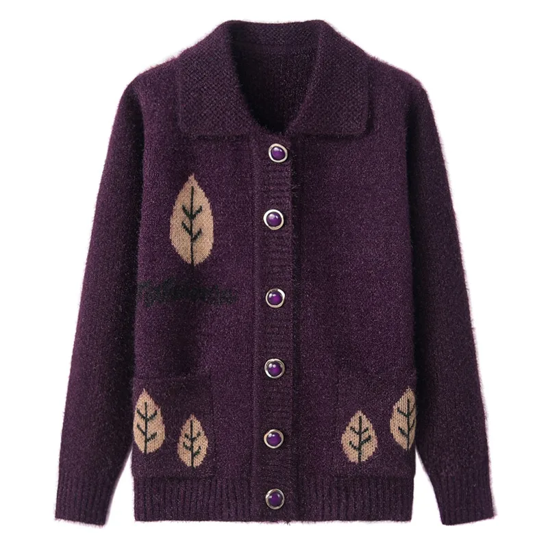 Женский вязаный свитер пальто больших размеров 4XL осенний однобортный свободный женский кардиган для матери среднего возраста W1094 - Цвет: Purple