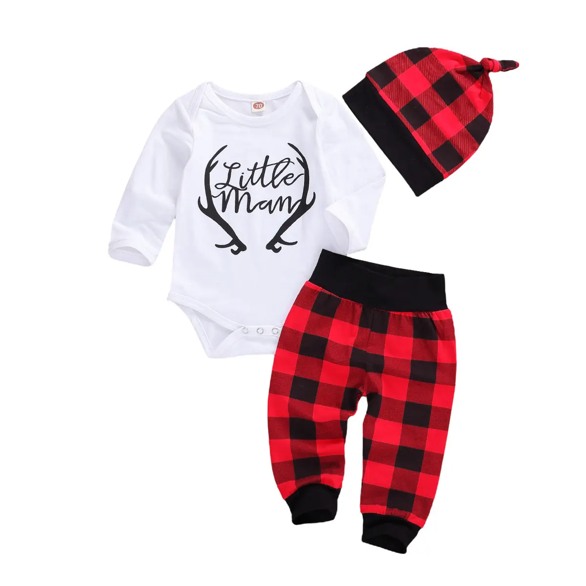 

Infant Boys Girls 3 Pcs Casual Outfits Suits, Baby Long Sleeve Cartoon Letter Printed Romper Top + Plaid Long Pant + Beanie Cap