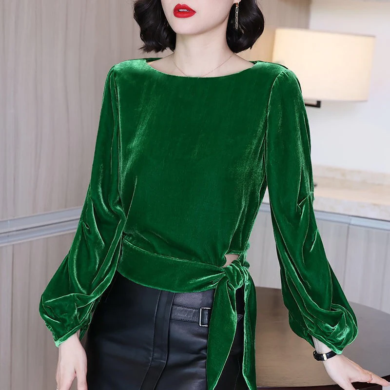 white blouse for women Fall Spring Vintage Womens Warm Thick Bow Lanter Sleeve Wine Red Black Green Velvet Shirt Blouse , Woman 4xl Velour Blouses satin blouse Blouses & Shirts