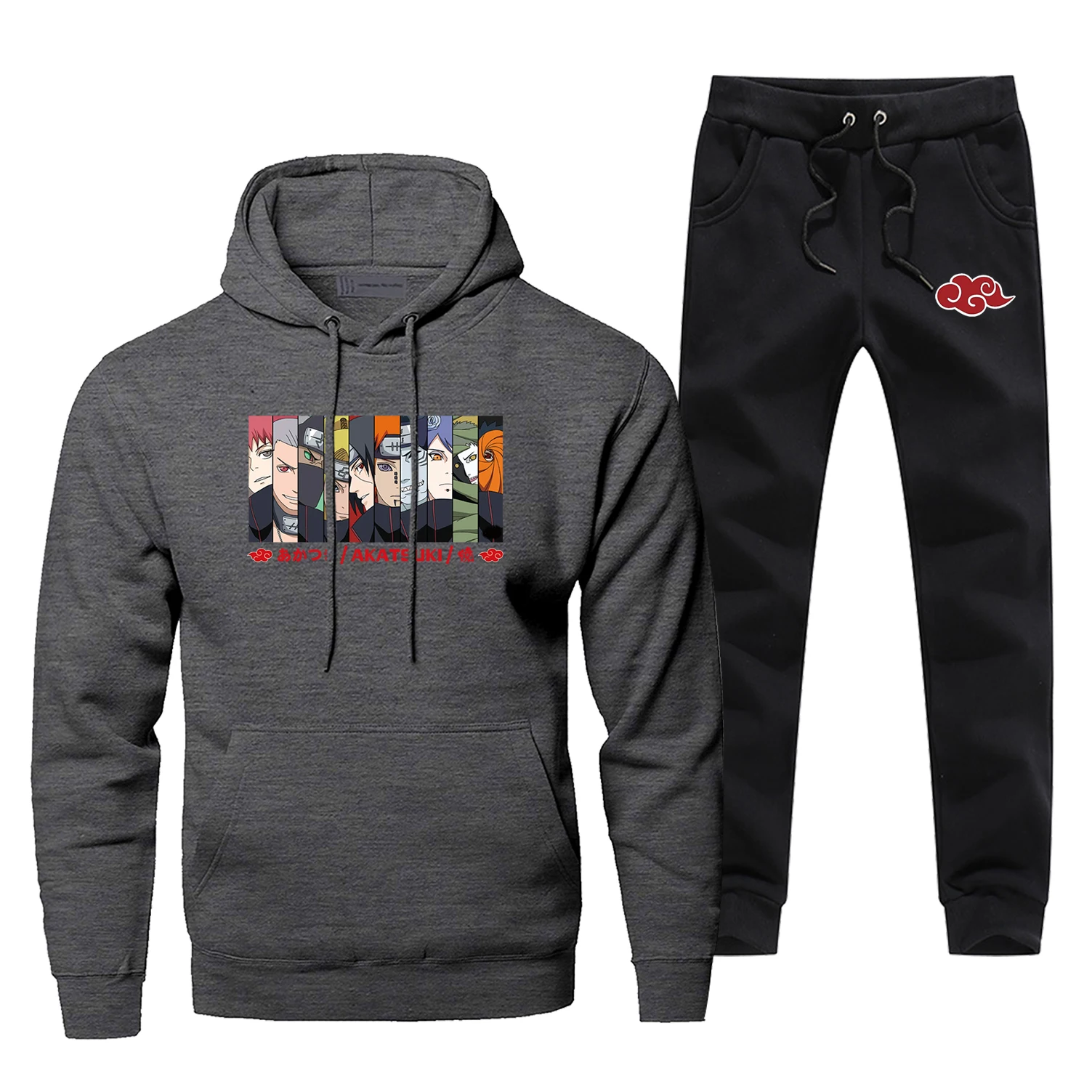 Мода японского аниме Наруто печати балахон спортивный костюм для мужчин из двух частей наборы толстовки+ брюки зима теплый флис спортивная толстовка - Цвет: Dark Gray