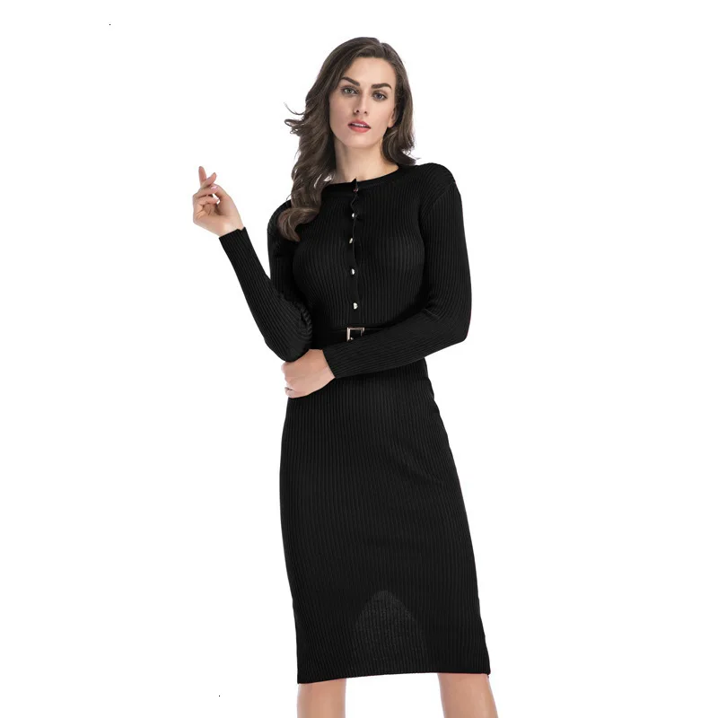 

Casual Business Dress Women O-Neck Sashes Long Sleeve Split Sweater Dress Sexy Office Lady Pencil Dress Pullover Jumper Mujer