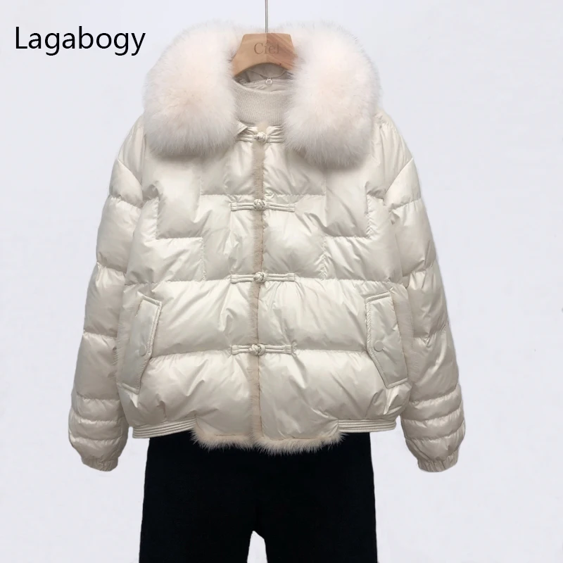 Lagabogy 2024Real Fox Fur Collar Winter Women 90%White Duck Down Jacket Ladies Short Warm Puffer Coat Female Loose Vintage Parka 6