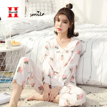 

Cotton Pajama Set Women Printed Homewear Suits V-Neck Lace Tops Sleepwear Sets Cute Women Clothing Spring Nightwear Pyjama Femme