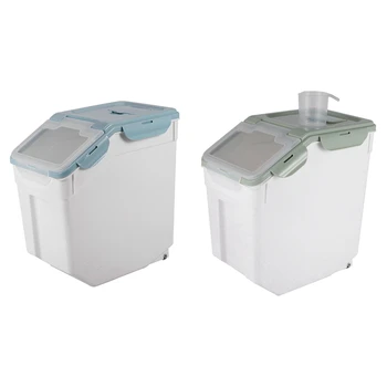 

2Pcs Cat Dog Food Storage Box Sealed Bucket Moisture-Proof Pet Food Container Grain Barrel - Blue-Whtie & Green-White
