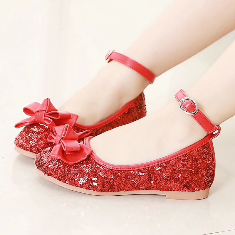 Girls Leather Shoes Pure Color Spring New Cute Bowtie Sequins Princess Shoes Kids Girls Baby Single Sneakers Party Shoes STX004
