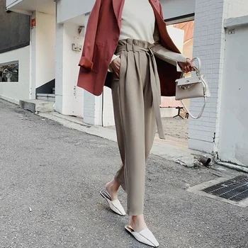 

High waist sashes women suit pants with pockets ankle-length pencil pants elegant female trousers pantalon femme 2020