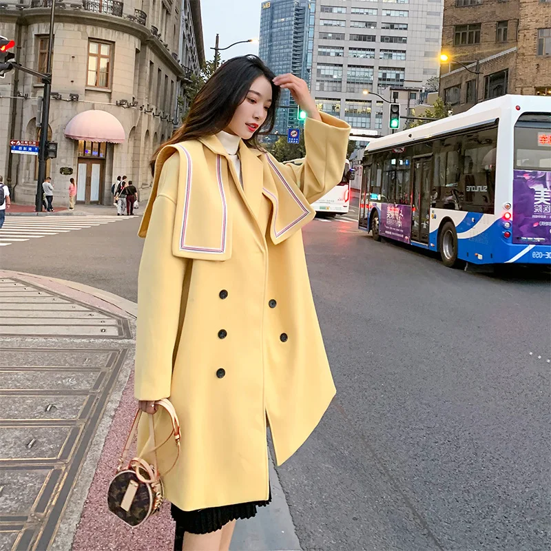 

Photo Shoot 2019 Autumn And Winter New Style Short-height Korean-style Loose-Fit Mid-length Yellow Woolen Jacket Coat Female Col