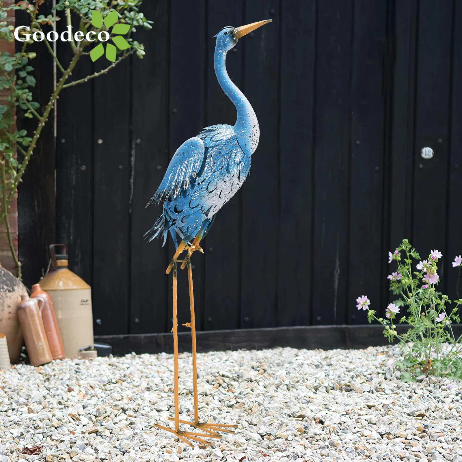 Goodeco de pie de Metal azul grúa jardín estatua-Interior/al aire libre Heron escultura de Animal para jardín para casa jardín Patio trasero Por