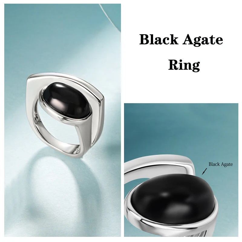 Silver Black Agate Powder Glass Ring, Irregular Design Neutral Finger Ring