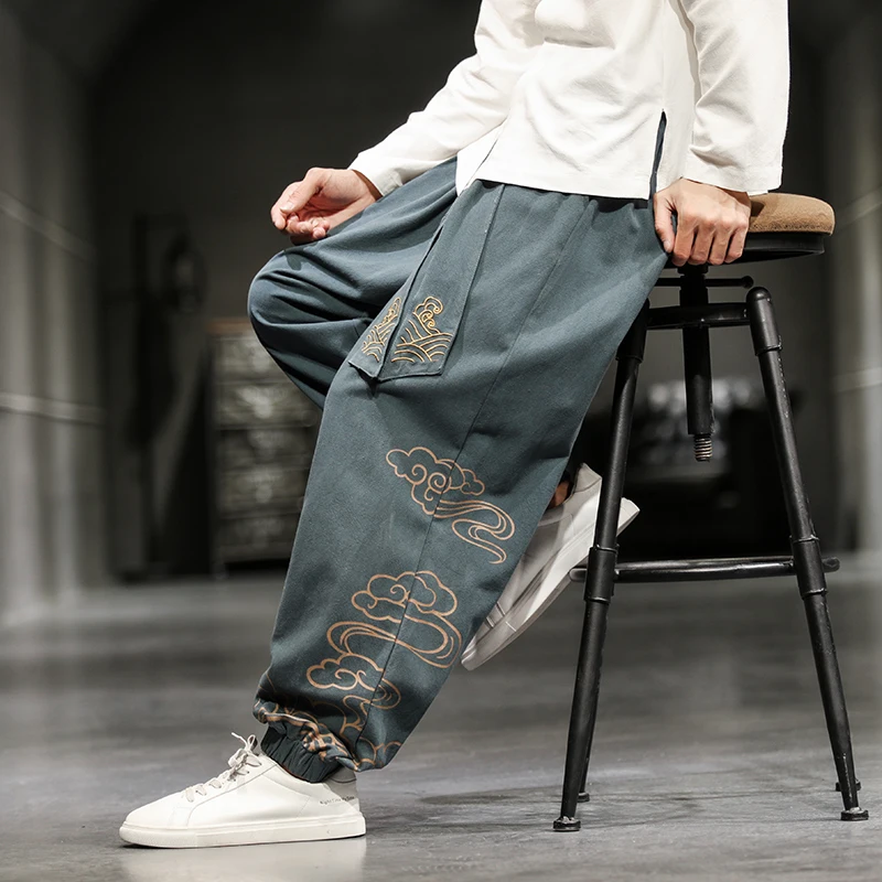 Wide Leg Pants Wide Leg Sweatpants Men's Oversize Wied Leg Pants Harajuku Cotton Linen Casual Trousers Male Embroidery Jogging Sweatpants Streetwear