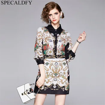 

2020 European Fashion Vintage 2 Piece Set Women Two Piece Outfits Spring Autumn Long Sleeve Shirt Bodycon Mini Skirt Sets Suits