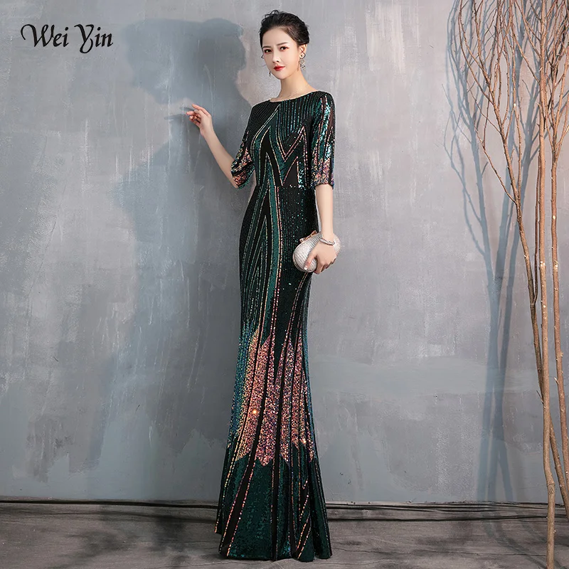 

wei yin AE0368 Green Evening Dress Long Sparkle Half Sleeve O-Neck Women Elegant Sequin Mermaid Maxi Evening Party Gown Dress