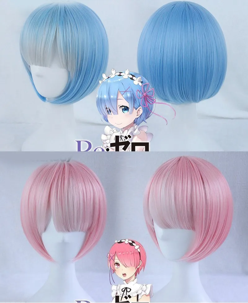 1pcs Re:Zero kara Hajimeru Isekai Seikatsu Synthetic Hair Anime Ram Rem Short Wig Cosplay Prop Party Decor for Women Girl Gift |
