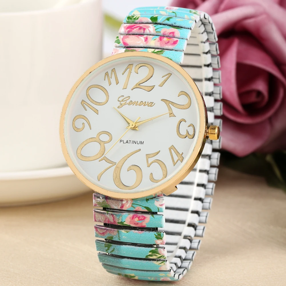 Fashion Printing Pattern Dial Watch for Ladies Casual Quartz Analog Clock Female Blue Bracelet Wristwatch Women 1