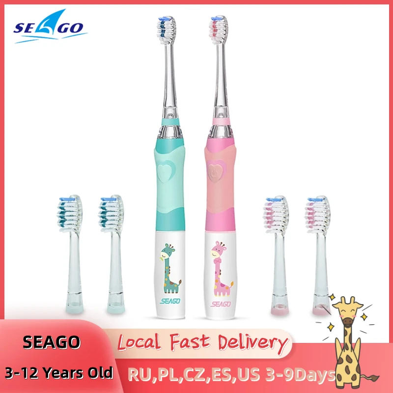 En venta SEAGO-cepillo de dientes eléctrico sónico para niños, 3-12 años, LED, temporizador inteligente, cerdas suaves, 3 cabezales de repuesto Erb1ejKMbJR
