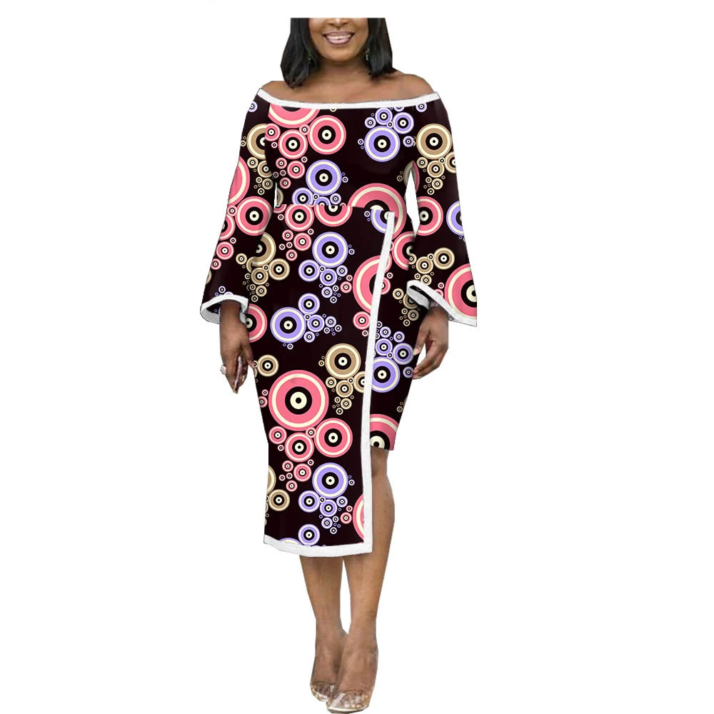 

Women Batik Print Shoulder Off Irregular Formal Dress For Wedding Party 2020 New Design African Traditional Flare Sleeve Dress