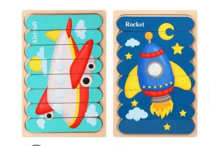 Double Sided Strip 3D Puzzles Baby Toy Wooden Montessori Materials Educational Toys For Children Large Bricks Kids Learning Toys Light Yellow