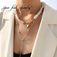 JUST FEEL 3Pcs/Set Punk Multi Layer Imitation Pearl Choker Necklace Collar Boho Lock Penadnt Long Chain Necklace Women Jewelry