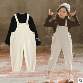 

Children 's T shirt Overalls Pant Clothing Set New 2020 Spring/Autumn Girls Solid Color Size4-14 Kids Clothes Sets 2 piece ly462