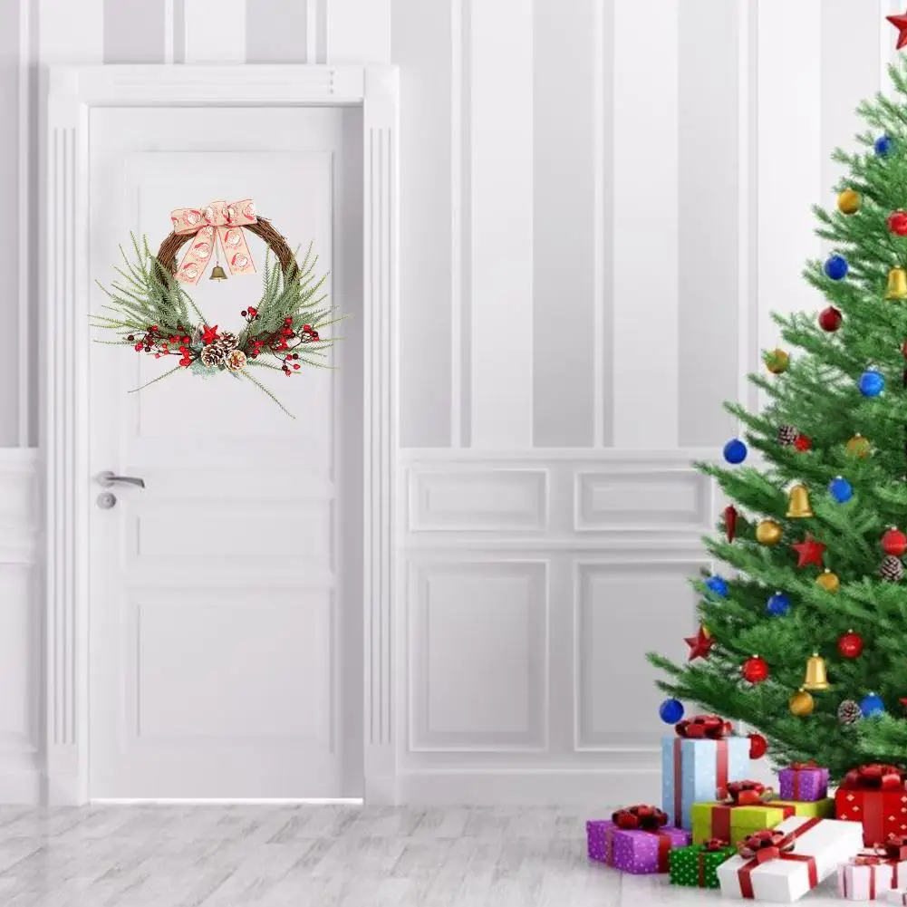 Christmas Decoration Wreath Pinecone Bell Flower Garland Festival Home Front Door Wall Hanging Flocking Decoration