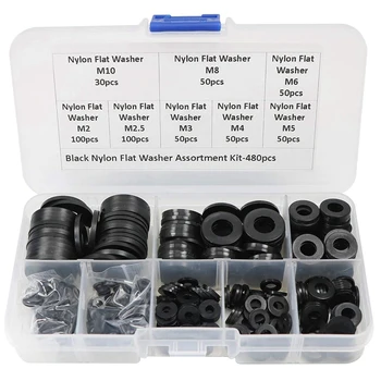 

480 Pcs Nylon Flat Round Washers Gaskets Spacers Assortment Set for Screw Bolt(Black)
