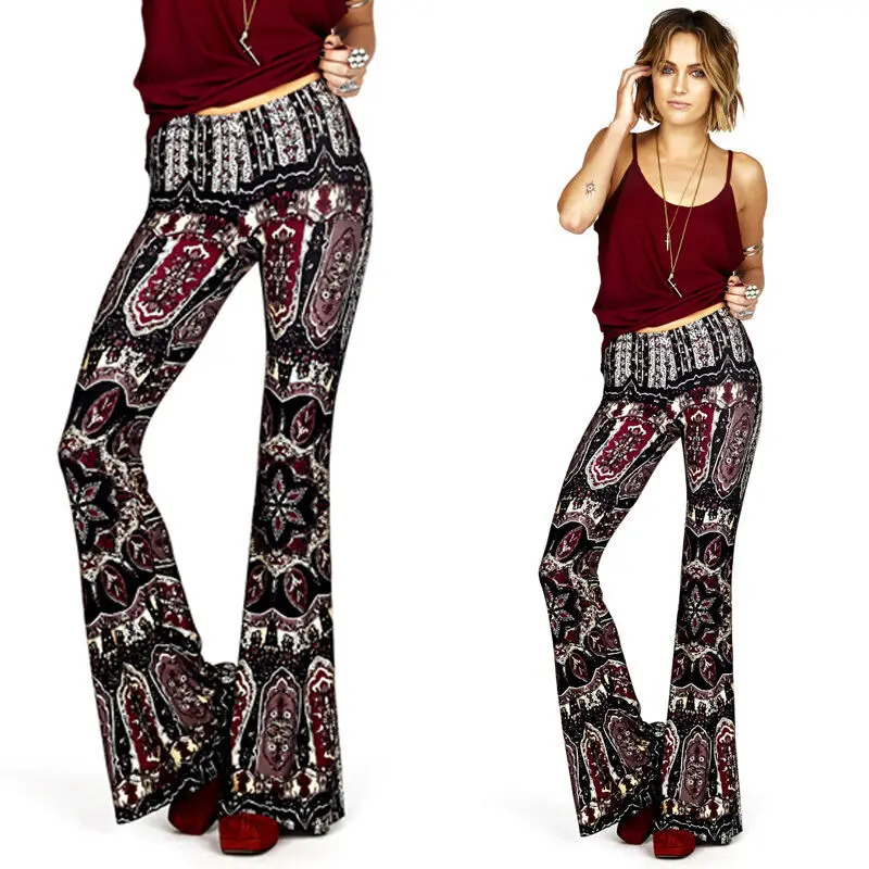 

Long Flare Trousers Beach Style Stylish Women Boho Printed High Waist Stretch Slim Flare Bell Bottom Pants