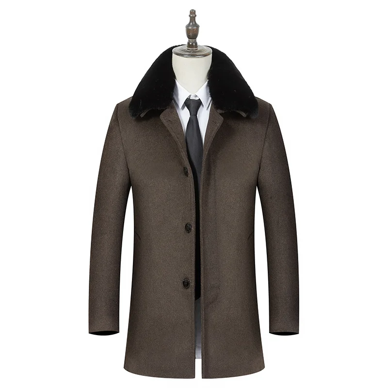 2019 Autumn Winter Coat Man Wool Warm Windbreaker Woolen Overcoat Business Fur Collar Jacket Men's Casual Slim Fit Trench Coats | Мужская