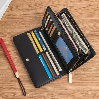 

Women's Leather Fashion Zipper Long Clutch Wallet Bifold Large Capacity Long Card Holder Organizer Ladies Purse with Hand Ring