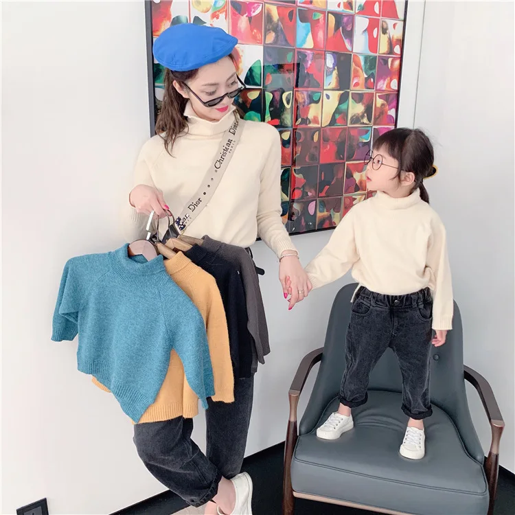 Family Look Korean Casual Solid Color Turtleneck Sweater Mother Daughter Matching Sweaters Autumn Warm Mommy and Me Pullover