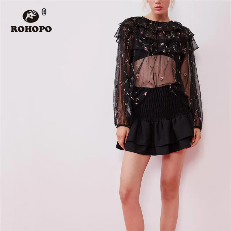 

ROHOPO Cascading Ruffled Collar Puff Long Sleeve Mesh Blouse Embroidery Red Tulle Transparent Black Pullover Trimmed Shirt #9565