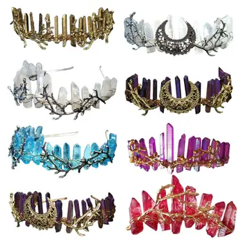 

Women Crossed Faux Raw Crystal Queen Tiara Alloy Tree Branch Crown Aura Headband 40JF