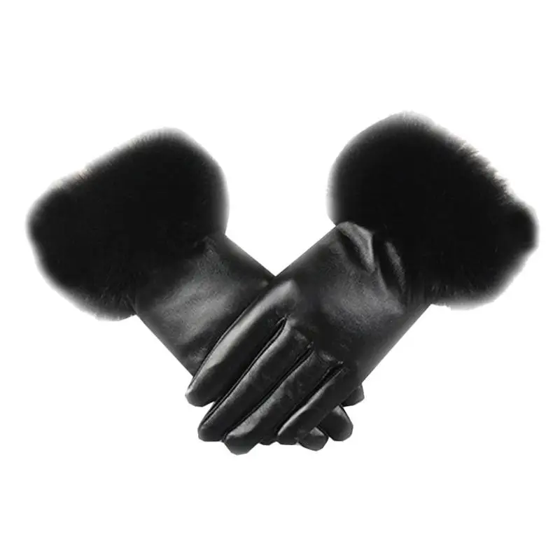 

Winter Touchscreen Black PU Leather Gloves Women Faux Fur 2018 Gloves Brand Waterproof Solid Color Gloves Female Warm Gloves