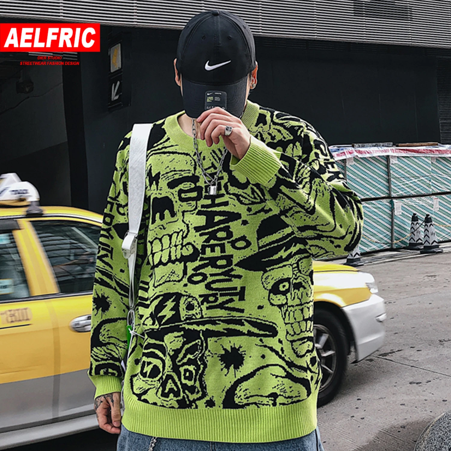 AELFRIC хип хоп Забавный граффити вязаный пуловер Мужской Harajuku Осень Зима мода уличная Мужской Повседневный свитер верхняя одежда