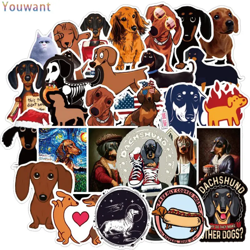 

50Pcs/pack Dachshund Cute Dog Stickers to Notebook Computer Skateboard Cup Suitcase Graffiti Waterproof Pvc Animals Sticker Toys