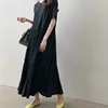 Women Summer Round Collar Cascading Ruffle Loose Straight Long Dress Cotton Linen Short Sleeve Midi Sundress Solid Color ► Photo 3/5