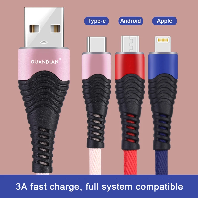 

Applicable to Android universal USB mobile phone data cable type-c IOS Cloth woven charging cable 3A fast charge 1 m micro usb