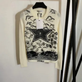 

D007 Trendy Design Embroidery Letter Pentagram 17 Pattern O-neck Long Sleeves Cashmere Wool Pullover Sweater Women Knitwear D1